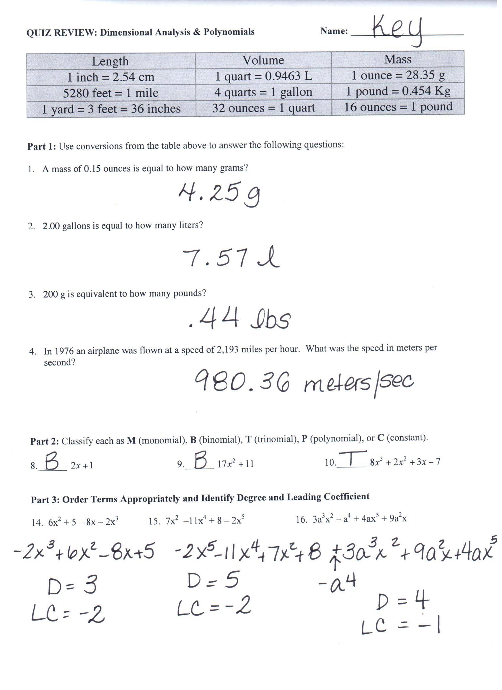 Dimensional Analysis & Polynomial Quiz With Regard To Dimensional Analysis Worksheet Key